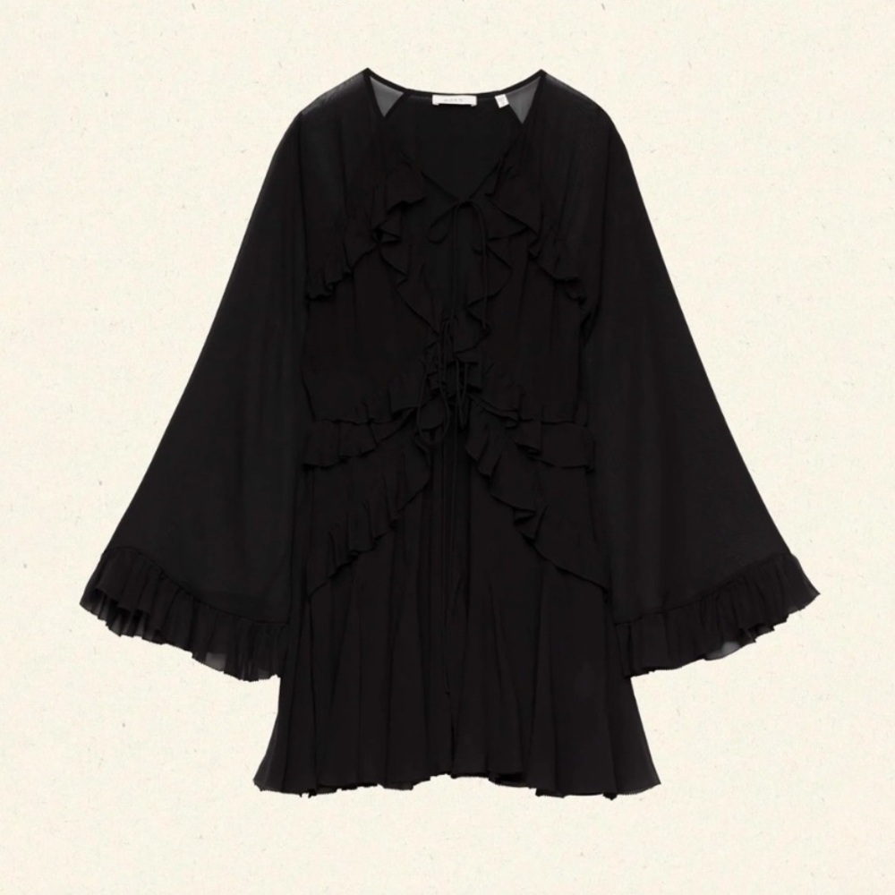 NWT Doen Clarisse Silk Ruffle Flowy Sheer Long Sleeve Mini Dress Black - Picture 14 of 15